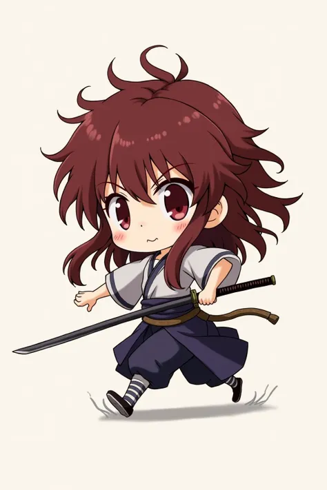 Anime, Ruruoni Kenshin, chibi character, samurai, holding katana, fighting stance, dark red hair, long hair, red eyes, running, serious look, 1boy, Solo, High Resolution, Masterpiece, Anatomically Correct, 