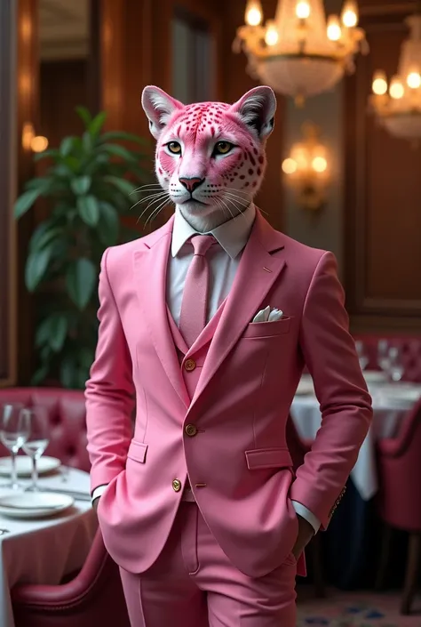 Pink leopard in pink suit in a restaurant 