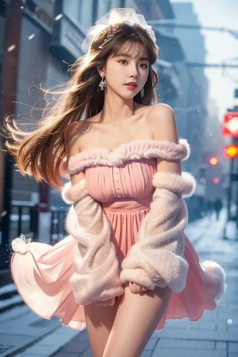 8k，tmasterpiece、quality、ultra - detailed、Master workarilyn Takiocus on the thighs and above，Clear face，（Best quality）， beuaty girl：1.5、((Red fluffy off-shoulder dress style))，long hair fluttering，Snowflake earrings、snowflakes falling、bblurry、the street，