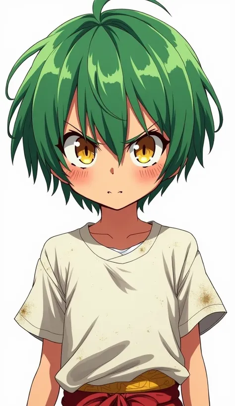   anime style illustration , yellow eyes , angry , white t shirt with some dirt , green short hair , white background , nine year old  with kimono 