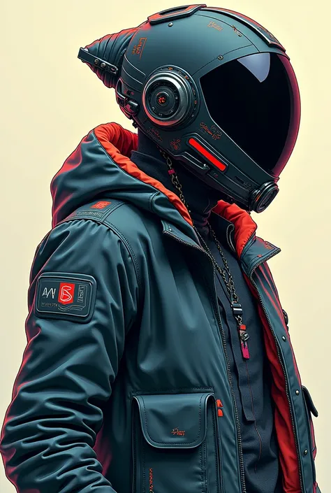 Cyberpunk fashion man、He is wearing a helmet and his face is not visible.、solo, Multiview, Background blur, Japanese illustration style, face to face