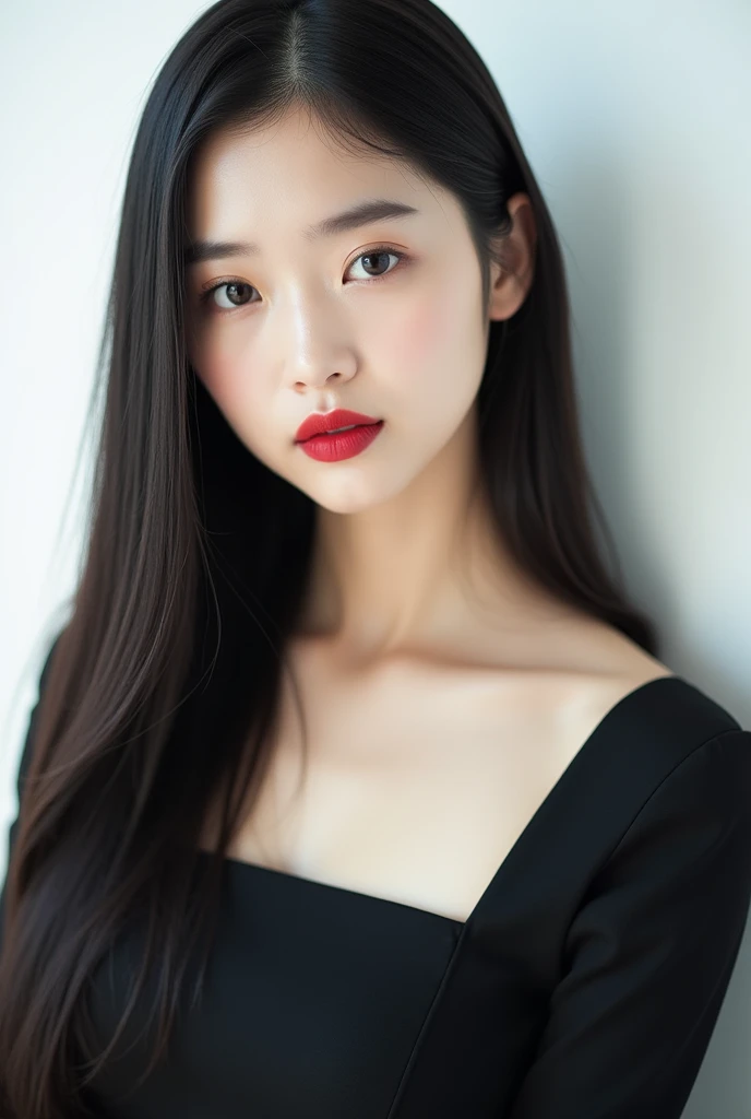 A beautiful Korean girl with black hair. She is twenty years old with a Korean face. She is wearing a black  square neck midi dress. She has cream eyeshadow and deep red lipstick. She has a quiet, indifferent, and stern appearance without a smile and a ser...