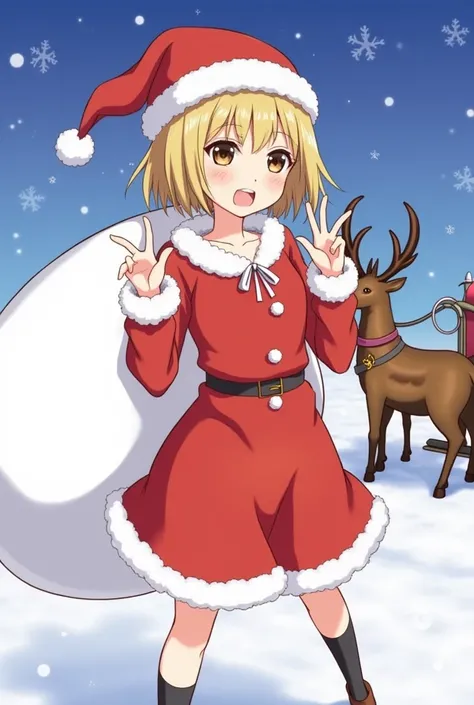 anime、 characters、 girl、 Santa Claus 、 cute、 carrying a large white bag on her back 、Now! expression with the feeling that they are about to go distribute presents、画面全面に girl、 A sleigh with a reindeer connected in the background of the screen 、