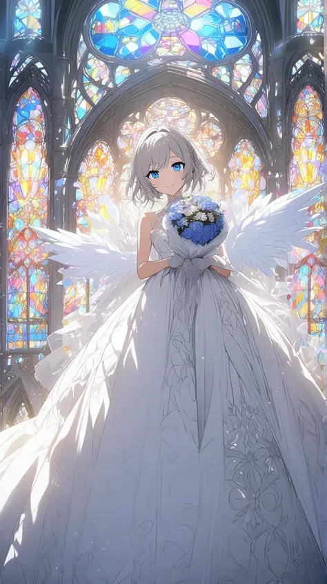 church、 white prom dress、Gentle Light、smile、 One girl , blue eyes,  gray hair、 look, Wide angle、bouquet、 Fantastic、 Brightly Colored Stained Glass 、 shortcuts、 angel wings dance