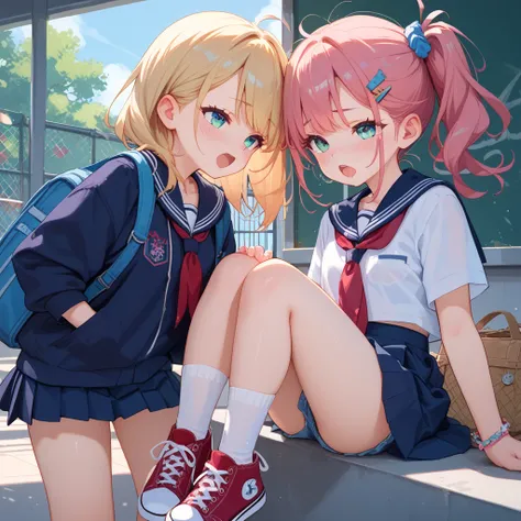 Create two girls in school uniforms , converse high-top sneakers,  who have a strong orgasm and who have a lost look of love 