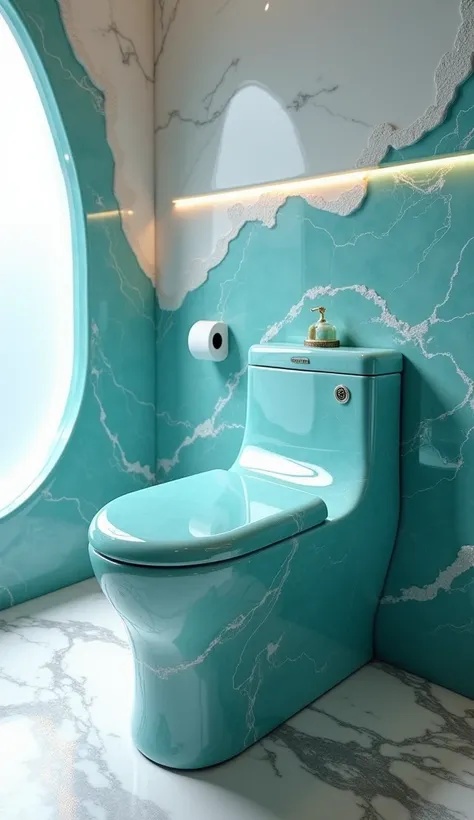 A luxury toilet made of larimar, the precious gemstone with turquoise-blue tones and natural patterns reminiscent of ocean waves. The toilet’s structure is sculpted to perfection, with smooth edges and a polished finish that reflects the mesmerizing hues o...