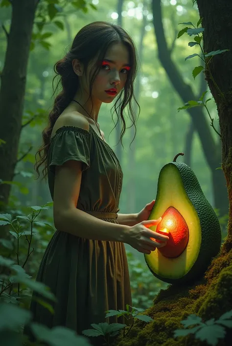 Woman going back to the avocado with red eyelashes and lips in the woods and her flashlight falls