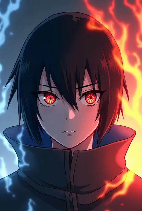 Here’s a concise prompt for creating an anime-inspired Uchiha character with an EMS Sharingan:

"Create an anime Uchiha character with an Eternal Mangekyō Sharingan (EMS). The EMS Sharingan should have a deep crimson iris with a dual-sided pattern—icy fros...