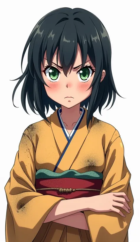   anime style illustration , green eyes , angry , some dirt on kimono , black hair , white background , nine year old girl in kimono 