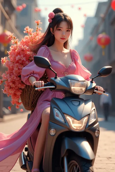 A girl is sitting on a motorcycle, carrying many ren, Wearing a grape dress 