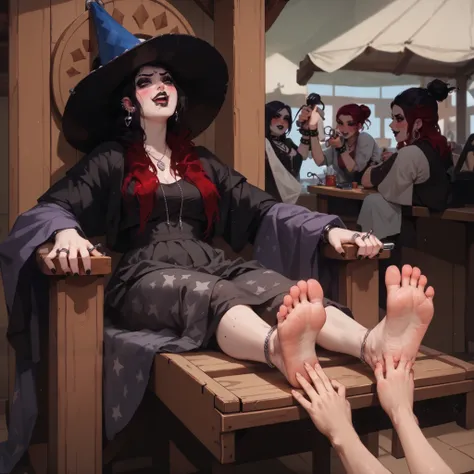 Woman seated inside wooden stockade, ankles bound, barefoot, having her soles itched by hands, (goth woman hands), (the goth woman is holding metal ticklers), laughter, blushing, scratching the girls soles