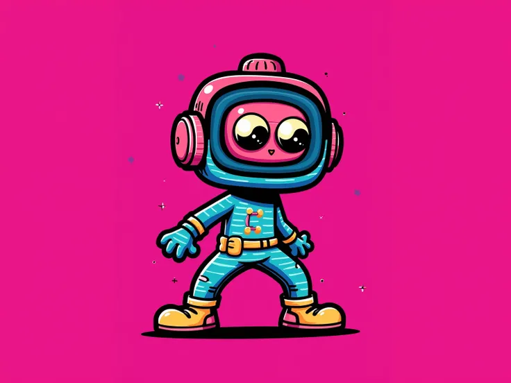 vibrant magenta background .  in the middle of a character that occupies a 40 % Of the entire image ,  of an abstract cartoon drawn minimalist 3d graffiti type. There is a case of daft punk .  has a retro punk style , Monstanto an adult energetic attitude ...