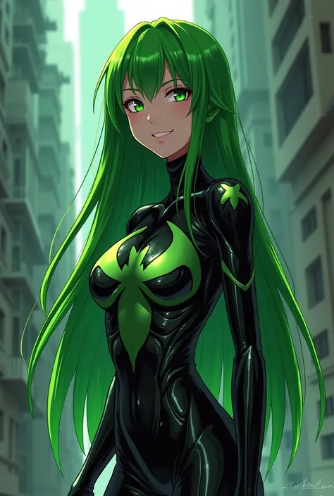  Sanae Higashibuya wearing an anime-style Venom suit 　 She has long green hair and green eyes 、 smiles as she drowns in the power she has gained 、Posing、 She rules everything in this world 、 her tight black Venom bodysuit has patterns、They become complete ...