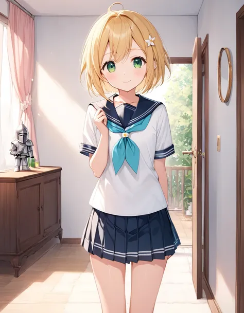  One Girl , (Kagamine_Also),  green eyes, Blonde,  Shorthair,  cute face,  beautiful eyes,  flat chest,  sailor suit,  black short skirt ,  standing,  cowboy shot, I look at you,  SHE LOVES YOU, (shy), (), ( Embarrassing :1.2), Your Girlfriend, ( skirt fli...