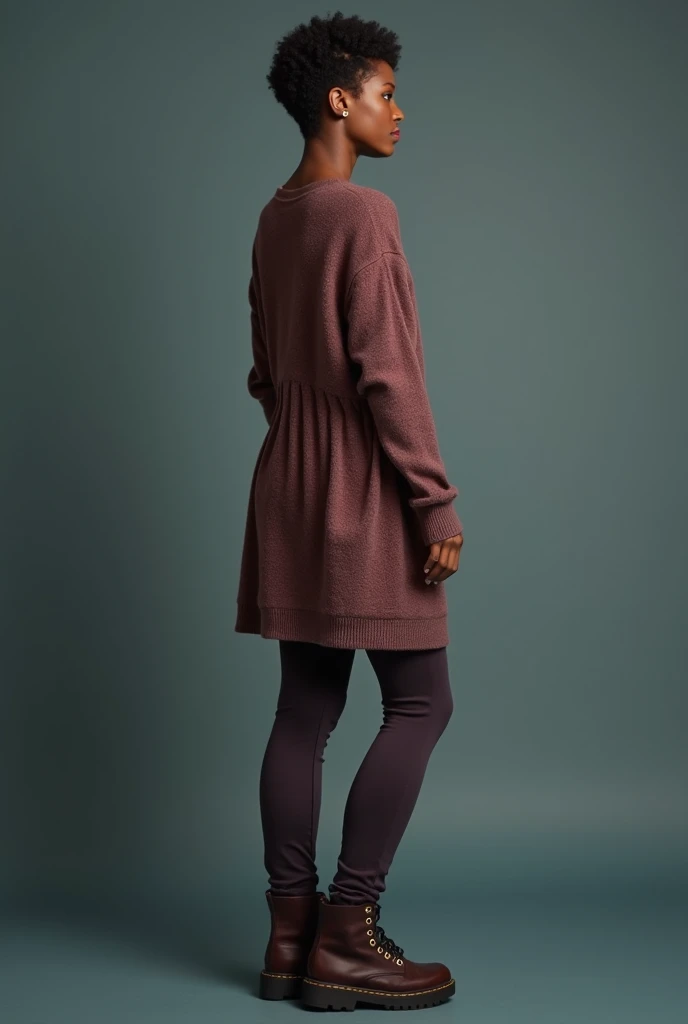 A outfit In dark cool colors like raspberry, dusty rose, periwinkle, antique silver, pewter, copper, teal, naivy blue, dark indigo, cocoa and charcoal. A short petite medium brown woman. Pixie cut. Gamine body type