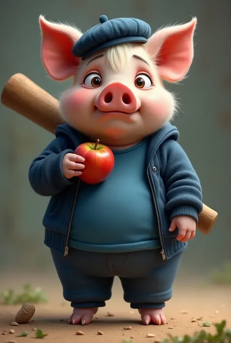  A full body image of a furro , an anthropomorphic pig ,  is a boy pig with two round ears ,  a snout with two nostrils .  He wears a blue shirt with slightly darker blue/blue pants ,  plus a dark blue jacket that matches his pants.  wears a beret of the s...