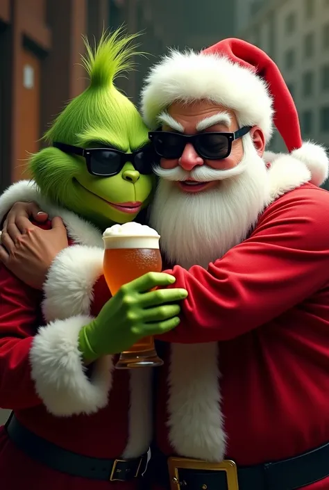 Santa Claus and the Grinch with black sunglasses hugging each other looking forward holding a full body beer