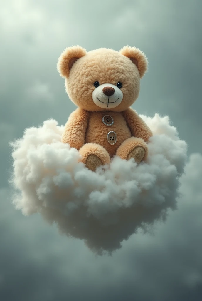 Image of a teddy bear above a heart cloud in a gray sky