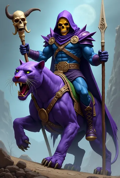 Blue man with the face of a yellow skull/purple hoodie purple cape armor with purple details  / purple pointed shoulder pads /  pointed black bracelets /purple boots / with a bone staff with a skull with horns wrapped around the tip of the staff /  riding ...