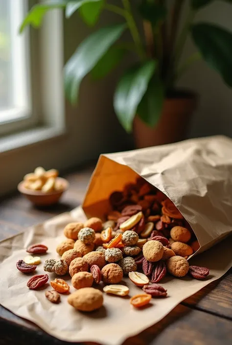 Spread dried food on a paper bag on the table