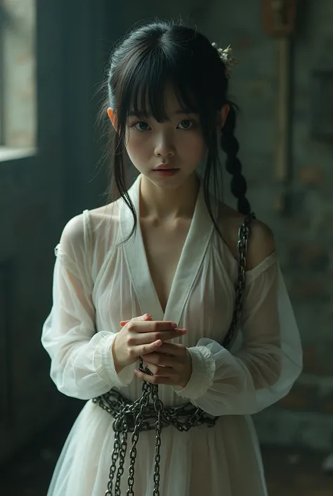   photo of a slender girl　Live-action version　 A Japanese girl about middle school is sacrificed in another world　Only simple transparent costumes are soft 、The shackles are chained、