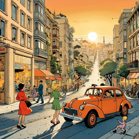 Beautiful illustration by Hergé of a  and girl playing in the streets of San Francisco at sunset