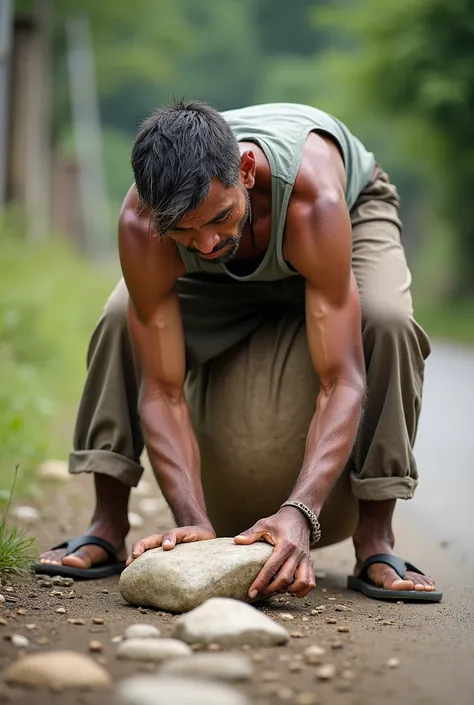 The farmer puts his vegetable sack on the ground and tries to move the stone in the middle of the road. Sweat dripping from his face, he tried with all his might to remove the stone. The surroundings suggest his loneliness.
(Image Type: Hard Working Farmer...