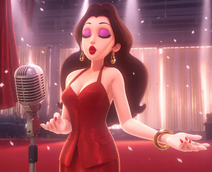 Score_9, score_8_up, score_7_up, score_6_up, BREAK
screencap, stage, stage curtains, confetti, light rays, 1girl, solo
Pauline_SMO, brown hair, eyelashes, red lipstick, nail polish, gold earrings, gold bracelet on left wrist, cleavage, business suit, micro...