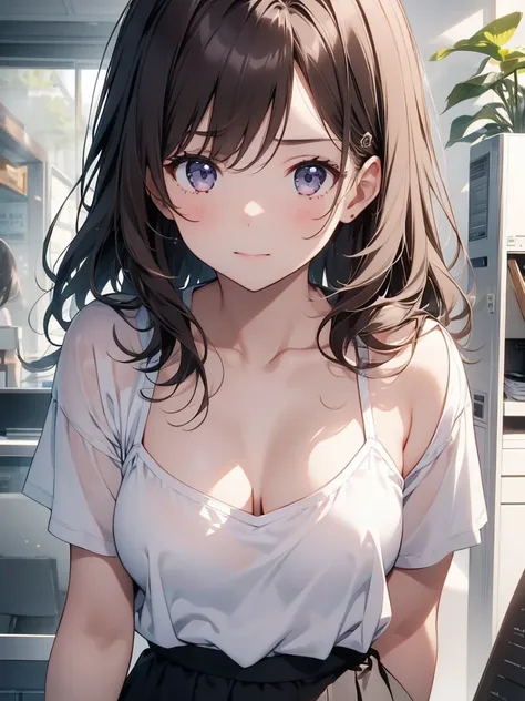 1girl,  small breasts,white tee shirt,black skirt,medium hair
face close-up,I can see the side,Hi-Res、masterwork、Chizuru Ichinose、Brown hair、i&#39;m、Female one、outside of house、Detailed background、A detailed eye、（（brown-eyed））,Beautiful and perfect legs, C...