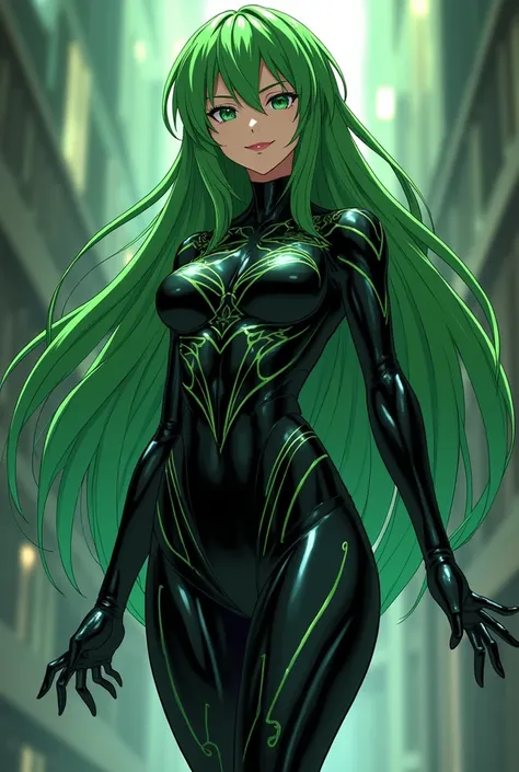  Sanae Higashibuya wearing an anime-style Venom suit 　 She has long green hair and green eyes 、 smiles as she drowns in the power she has gained 、Posing、 She rules everything in this world 、 her tight black Venom bodysuit has patterns、They become complete ...