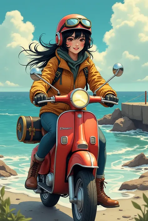 1 Japanese beauty ,  high definition ,  smiles, Messy black hair, shortcuts,  ride fishing tackle on a moped　 helmet 　Vintage goggles 　 flight jacket 　Thermal pants　 boots　sea　Breakwater　 pop art