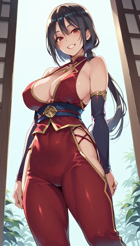 Female Ninja、Big Breasts、Long black hair、Low Ponytail、Date、smile、Red cheeks、High leg、front