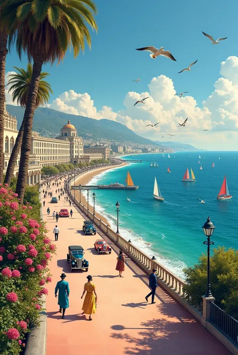 Photo de magnifiques mouettes dans le ciel, qui passent juste  au-dessus dun magnifique casino palace méditerranéen rempli de belles fleurs sur les balcons, de la magnifique promenade des Anglais à Nice, de toute les couleurs, rempli de belles fleurs de to...