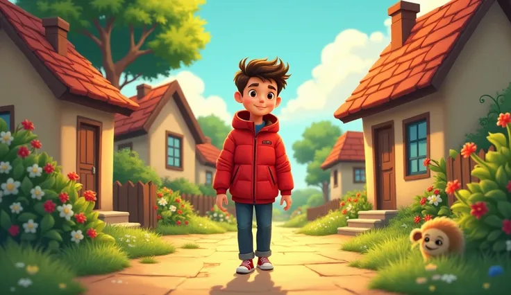 There is an 18 year old boy in a village who is walking to his house and he is wearing a red jacket. Cartoon image