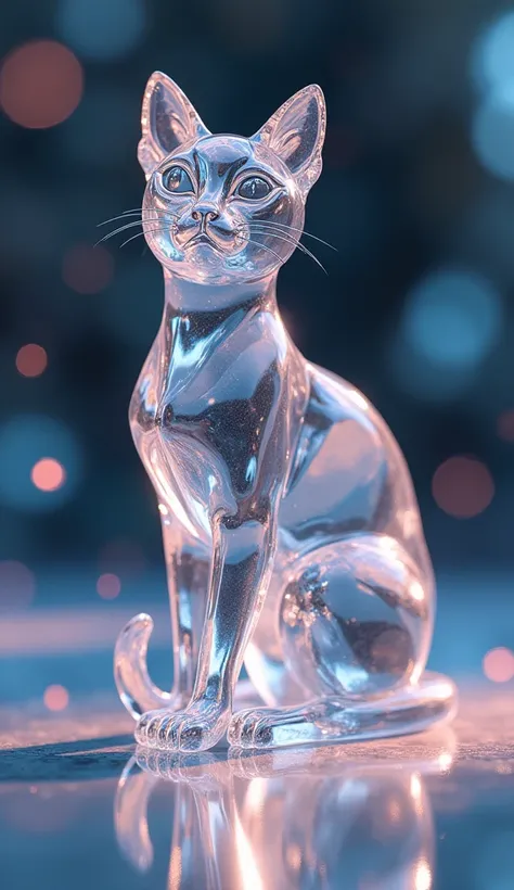 An incredibly detailed cat crystal sculpture, so detailed it almost looks like a real cat. Made from faceted clear glass and placed on a smooth reflective surface, it beautifully reflects and refracts light of various colors and is surrounded by a soft bok...