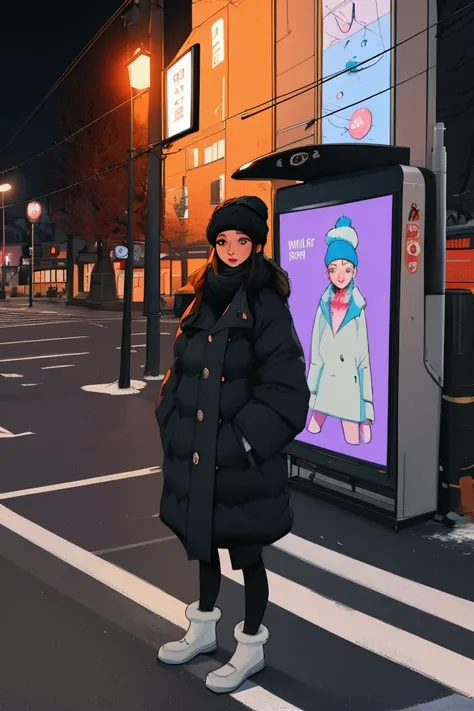 bright light, a digital painting in samyangstyle a girl in warm clothes, wearing a woolen hat, standing in the middle of the street, next to a bus stop, billboard, winter night, street light