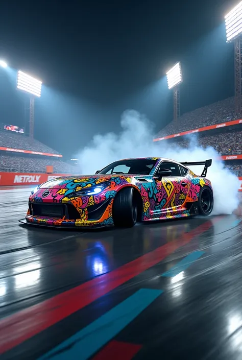 A drift car with artistic graffiti paint sliding on a track during a competition, with colorful smoke and stadium lights in the background.