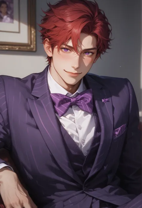 score_9, score_8_up), score_7_up, adult male, short red hair, solo, 1boy, dark purple eyes, male focus, out of frame, reality, (purple striped suit, purple bow tie), (sensual, lustful, blush, light smile, self-assured), sitting, good anatomy