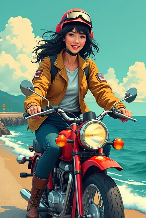 1 Japanese beauty ,  high definition ,  smiles, Messy black hair, shortcuts,  ride fishing tackle on a moped　 helmet 　Vintage goggles 　 flight jacket 　Thermal pants　 boots　sea　Breakwater　 pop art