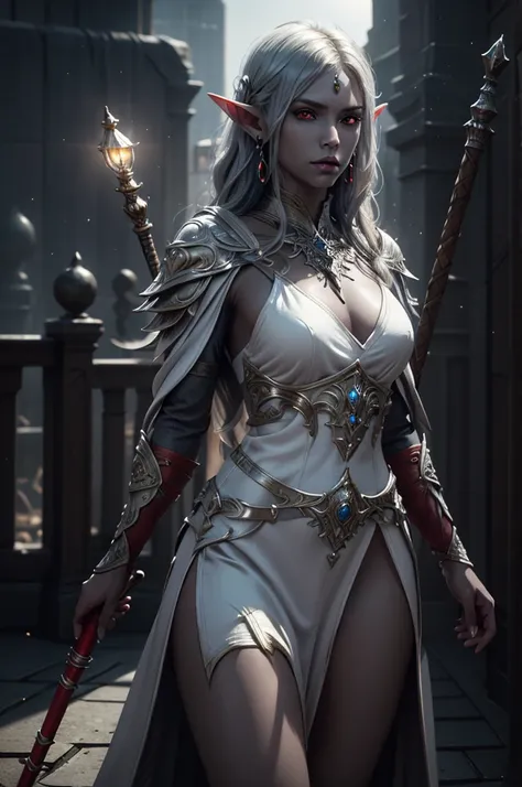 1girl, sexy drow, dark grey skin, pale silver long hair, ((red eyes)), jewels, elf ears, earrings, ((white sorceress sexy dress)), ((wields staff)), ((cast light magic)), on a roof of scyscraper, athletic, volumetric lighting, best quality, masterpiece, re...