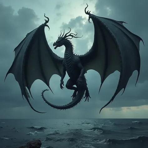 a 9 headed pitch black hydra dragon. terrifying. flying over the ocean sky ...stormy weather. breathing flame. has 9 seperate heads with necks, each breathing flame. extremely black color. manta black. only 9 heads not more