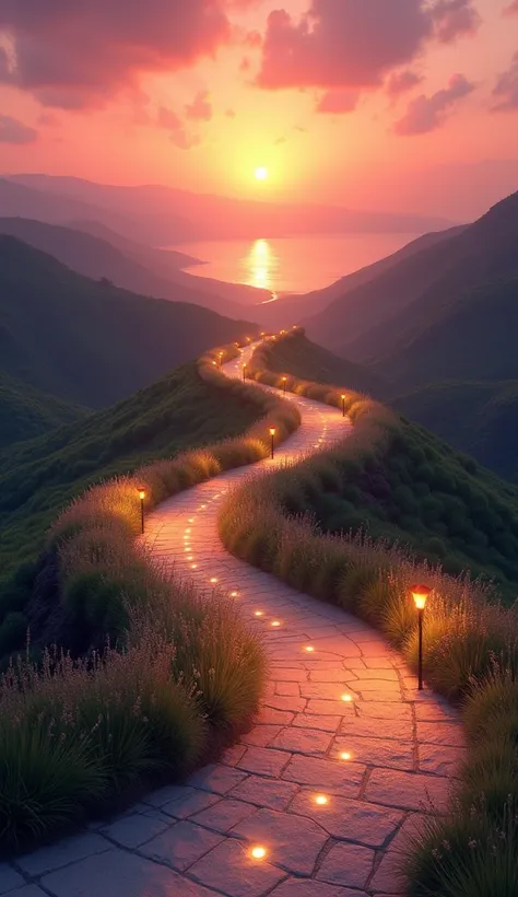 A landscape at sunset ,  with a path illuminated by soft lights,  symbolizing love guiding the path .