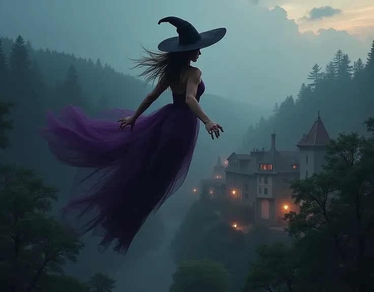 a sultry thicc voluptuous witch wearing a wide-brimmed witch hat, a sheer dark purple dress, flies over a small medieval village next to a dark forest, hdr, photorealistic, dynamic lighting