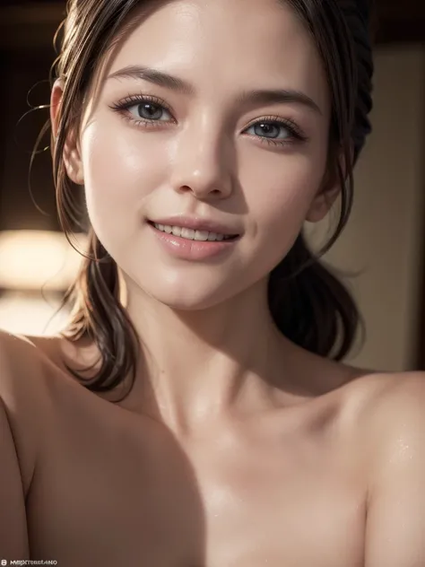 a gorgeous lady, medium length hair, ponytail, beautiful detailed smile, beautiful detailed teeth, south-east asian, seducing smile, taking a selfie after bath, cinematic dramatic lighting, (best quality,4k,8k,highres,masterpiece:1.2),ultra-detailed,(reali...