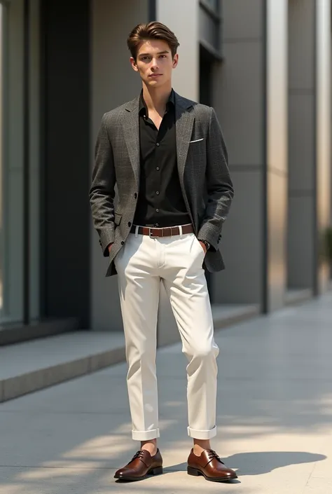 A young man wearing deep gray cheque blezzar with black shirt, white pant and brown shoe