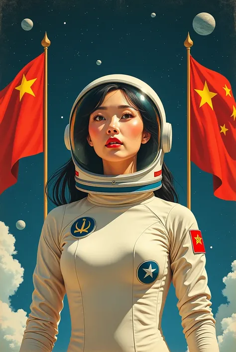 Illustrate in vintage style using Soviet aesthetics a Chinese astronaut woman in space with a starry space background and China flags. 