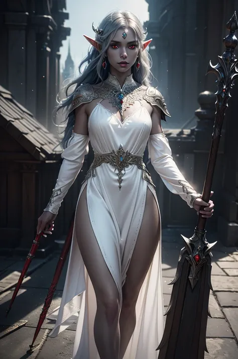 1girl, sexy drow, dark grey skin, pale white long hair, ((red eyes)), jewels, elf ears, earrings, ((white sorceress sexy dress)), ((wields staff)), ((cast light magic)), on a roof of scyscraper, athletic, volumetric lighting, best quality, masterpiece, rea...