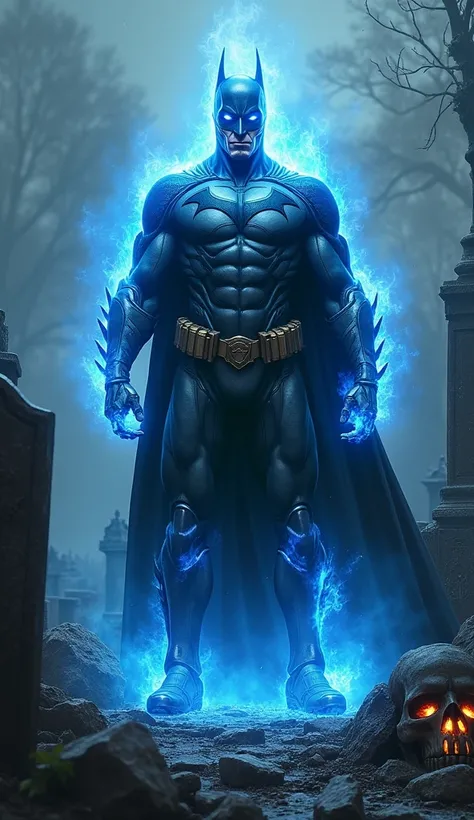 Give me ultimate fusuion of super movie character batman and super movie character ghost rider with glowing eyes with fire and skull near old cemetery 