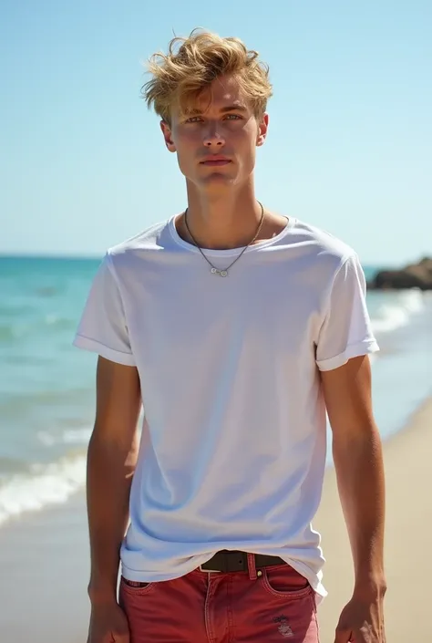 A young 23 year old man with slightly disheveled blond hair, blue eyes and fair skin. He wears a white t-shirt and faded jeans, with a casual and laid-back style. His expression is confident and relaxed,he is on the beach, wearing red shorts, very stylish,...