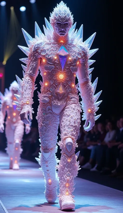 Gem Man: “Male model with a suit made entirely of giant gems and crystals that cover his body like armor. Each gem reflects light in an exaggerated way,  creating a blinding glow . The crystal pieces are large and disproportionate, making the model look li...